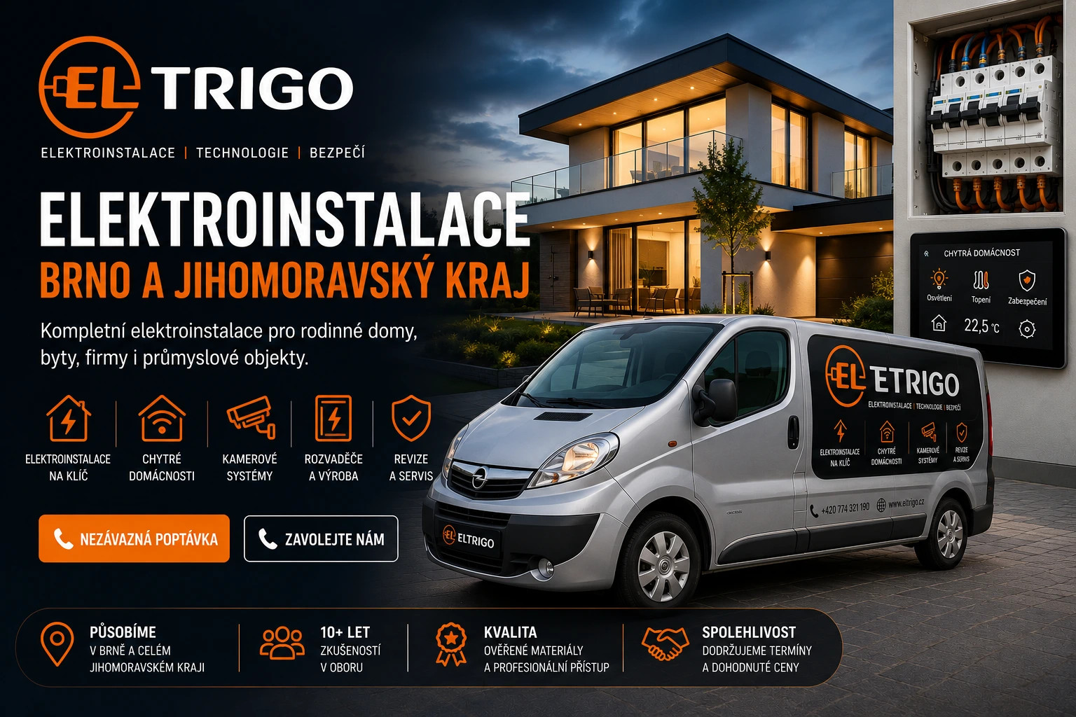 Reklamní banner ELTRIGO: dodávka před moderním domem, rozvaděč a ikony chytré domácnosti.