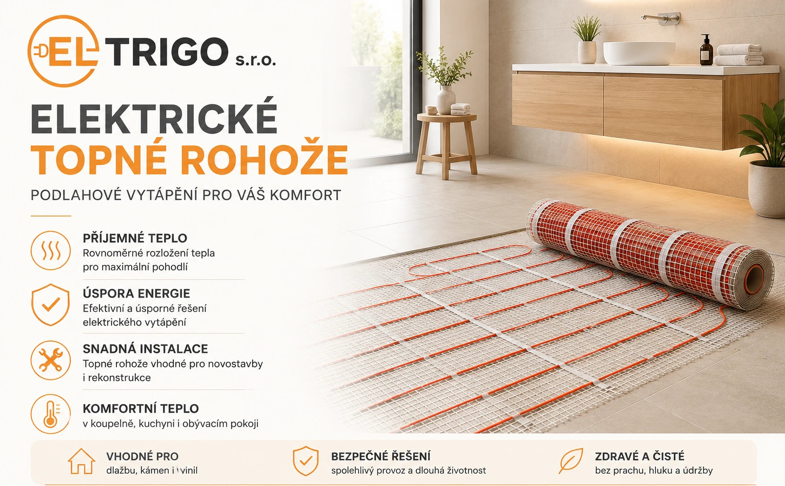 Elektrická topná rohož na podlaze v moderní koupelně, s logem a textem o vytápění.