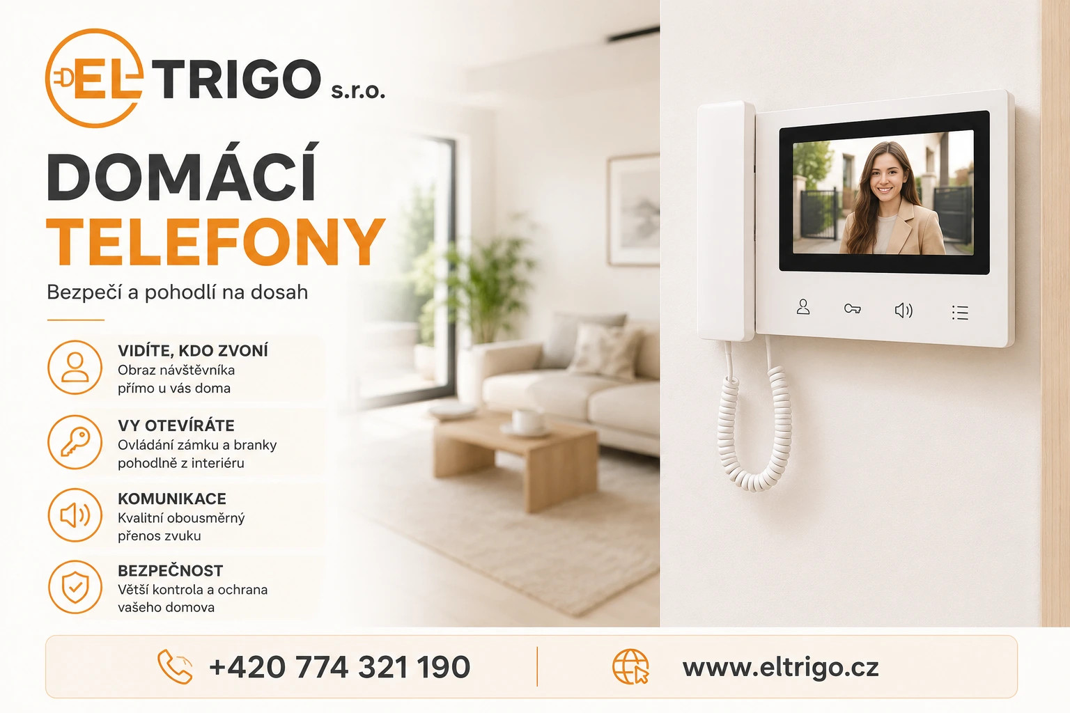 Domácí videotelefon s obrazovkou, vedle text o bezpečí a telefonní kontakt na ELTRIGO.