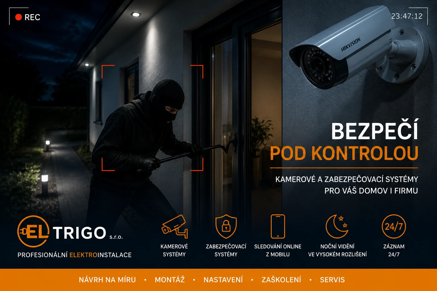 Maskovaný muž v noci drží páku u dveří, vedle bezpečnostní kamera a text „Bezpečí pod kontrolou“.
