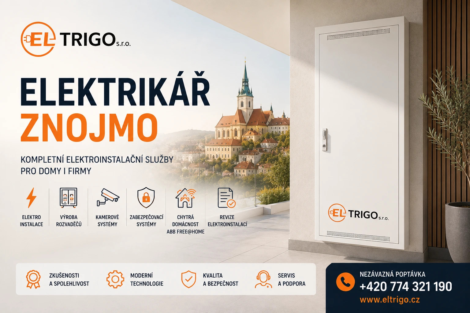 Reklamní banner elektrotechnických služeb vedle bílé rozvodné skříně v moderním interiéru.