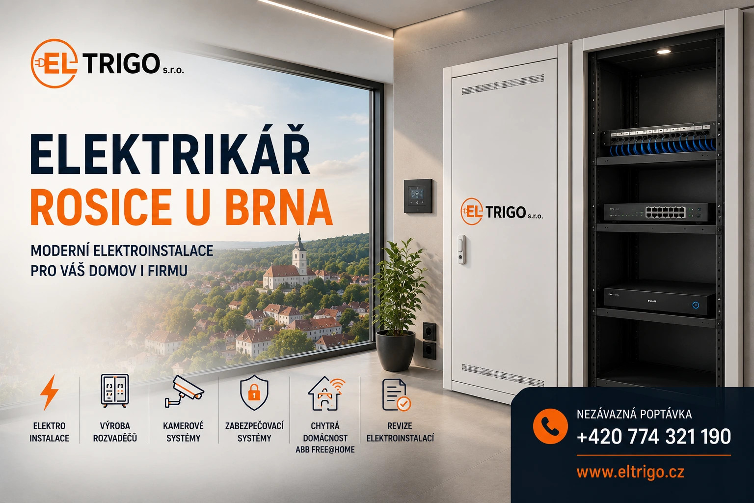Moderní interiér s rozvaděčem, reklamní textem o elektroinstalaci a telefonním kontaktem ELTRIGO.