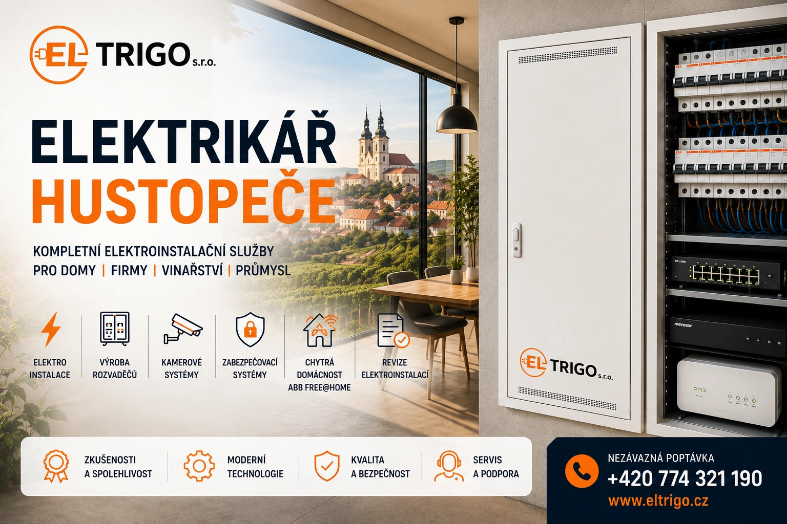 Reklamní banner elektrotechnických služeb vedle rozvaděče, s textem „Elektřikář Hustopeče“ a logem ELTRIGO.
