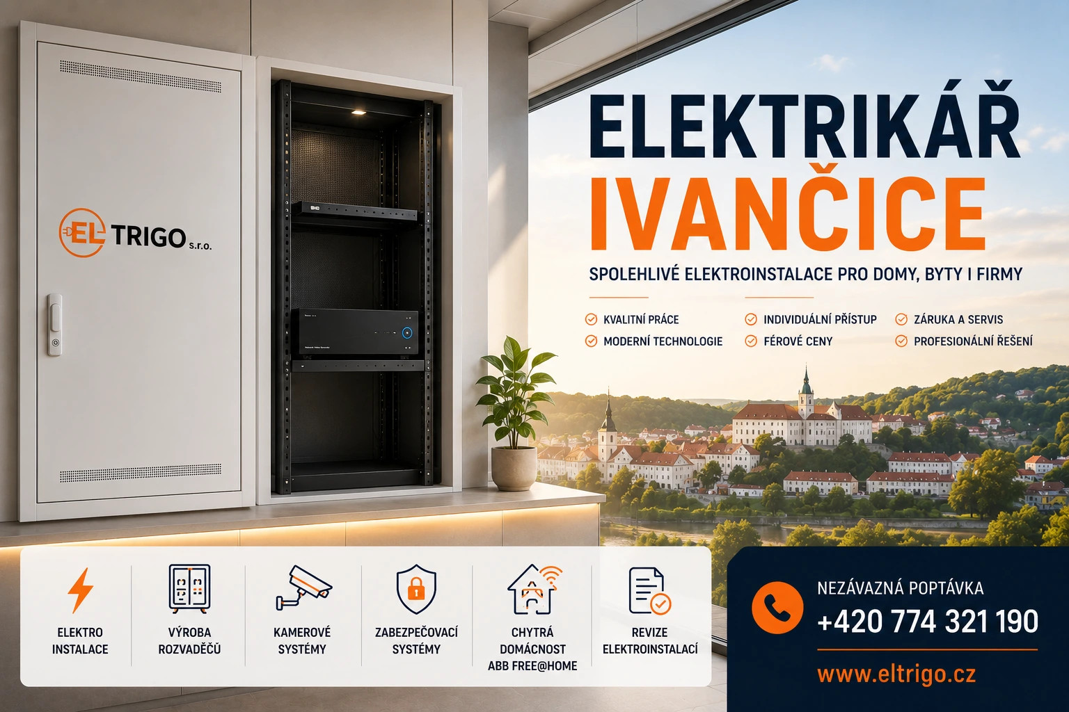 Interiér s rozvaděčem a reklamní grafikou ELEKTRIKÁŘ IVANČICE, město v pozadí a kontaktní telefon.