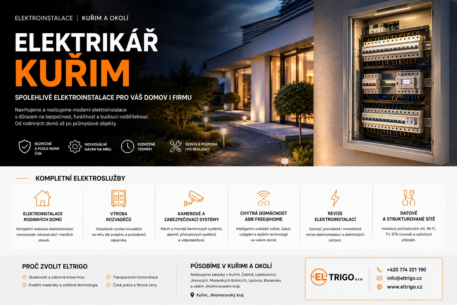 Osvětlený dům v noci a otevřený elektrický rozvaděč s jističemi, textová reklama elektroinstalací.
