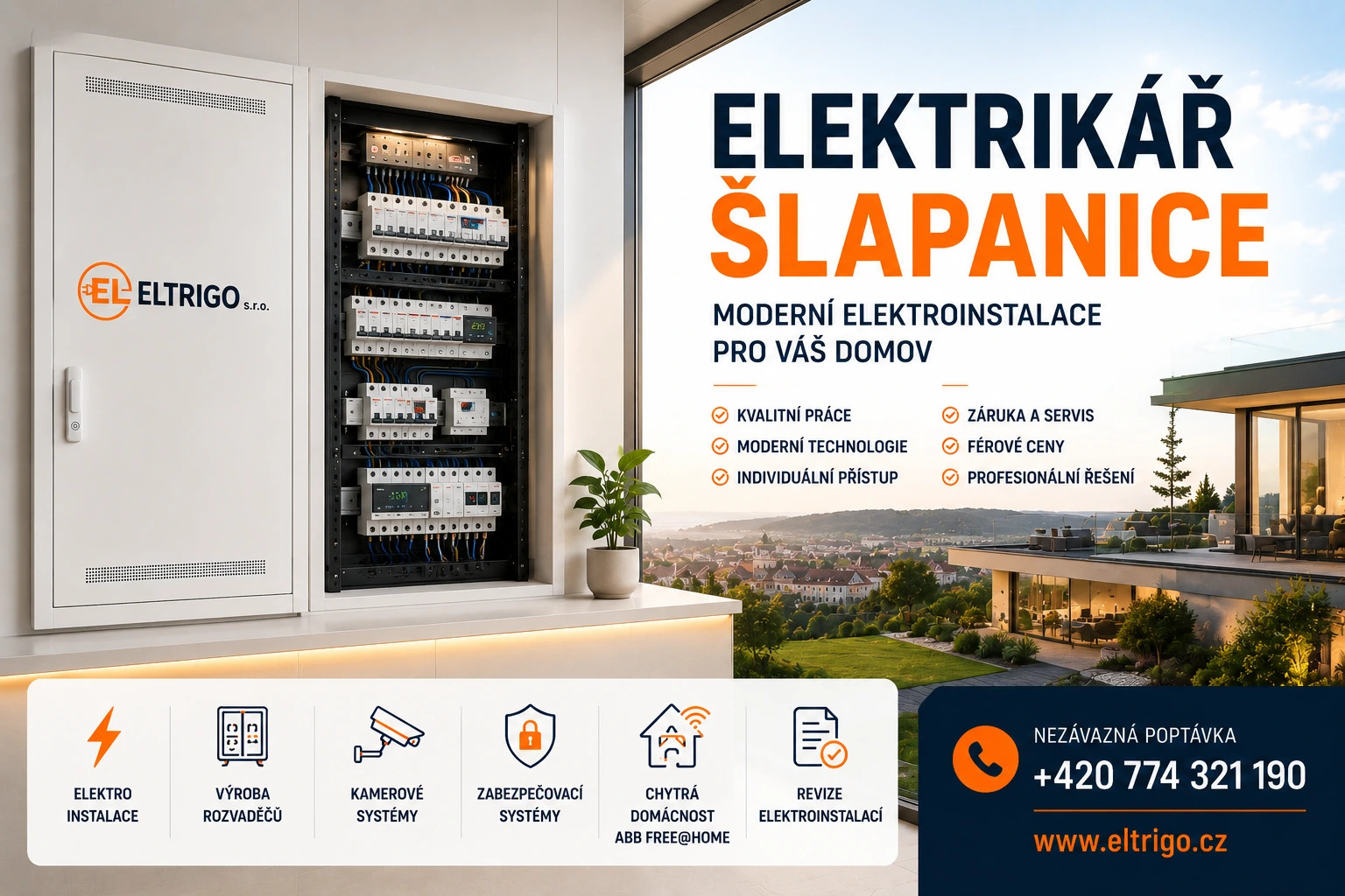 Moderní rozvaděč v interiéru, reklamní text Elektrikář Šlapanice a seznam služeb na plakátu.