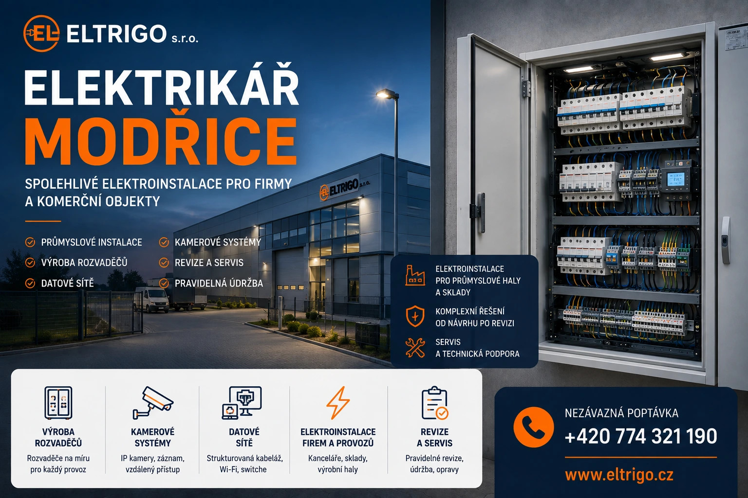 Moderní průmyslová budova v noci vedle otevřeného rozvaděče s popisky služeb firmy Eltrigo.