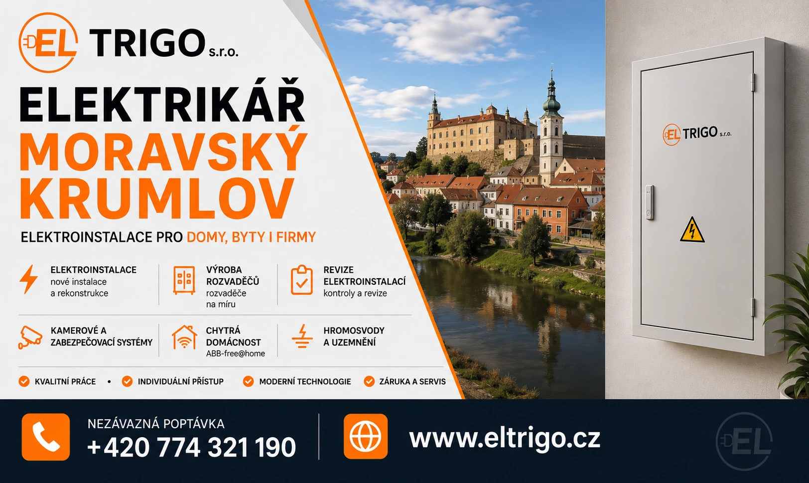 Reklamní banner firmy EL TRIGO s textem o elektroinstalaci, zámkem nad řekou a rozvaděčem na zdi.