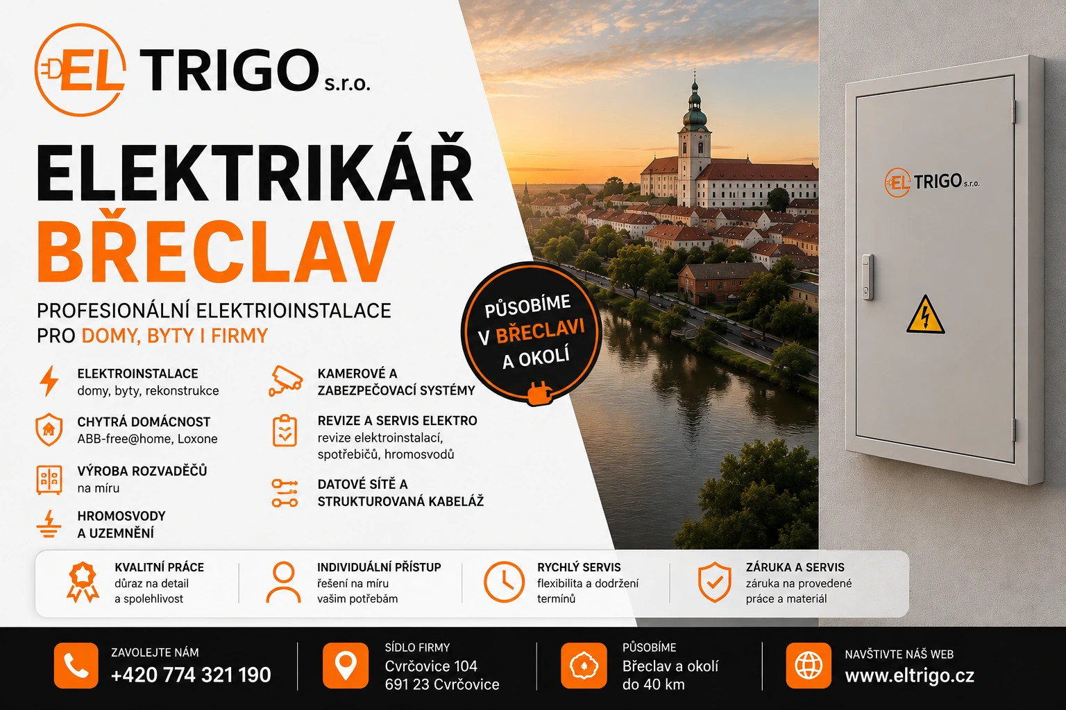 Reklamní banner elektroinstalací ELTRIGO s městem, rozvaděčem a textem „Působíme v Břeclavi a okolí“.