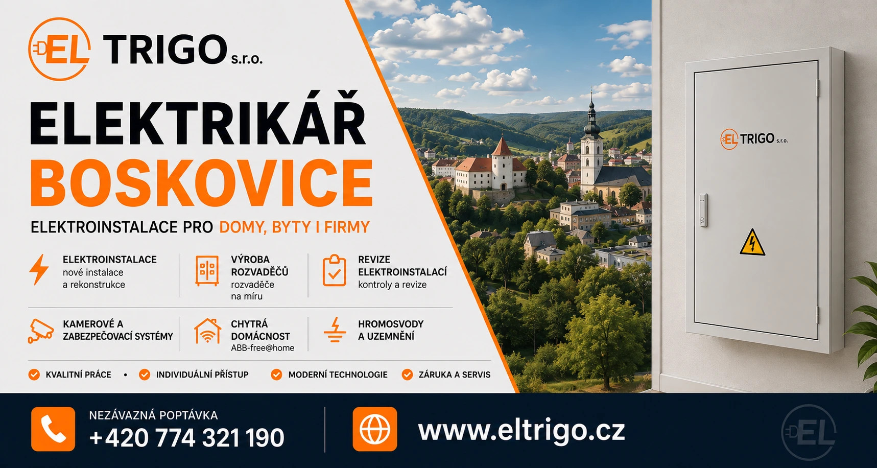Reklamní banner firmy ELTRIGO s rozvaděčem, městem v krajině a kontaktními údaji na pozadí.
