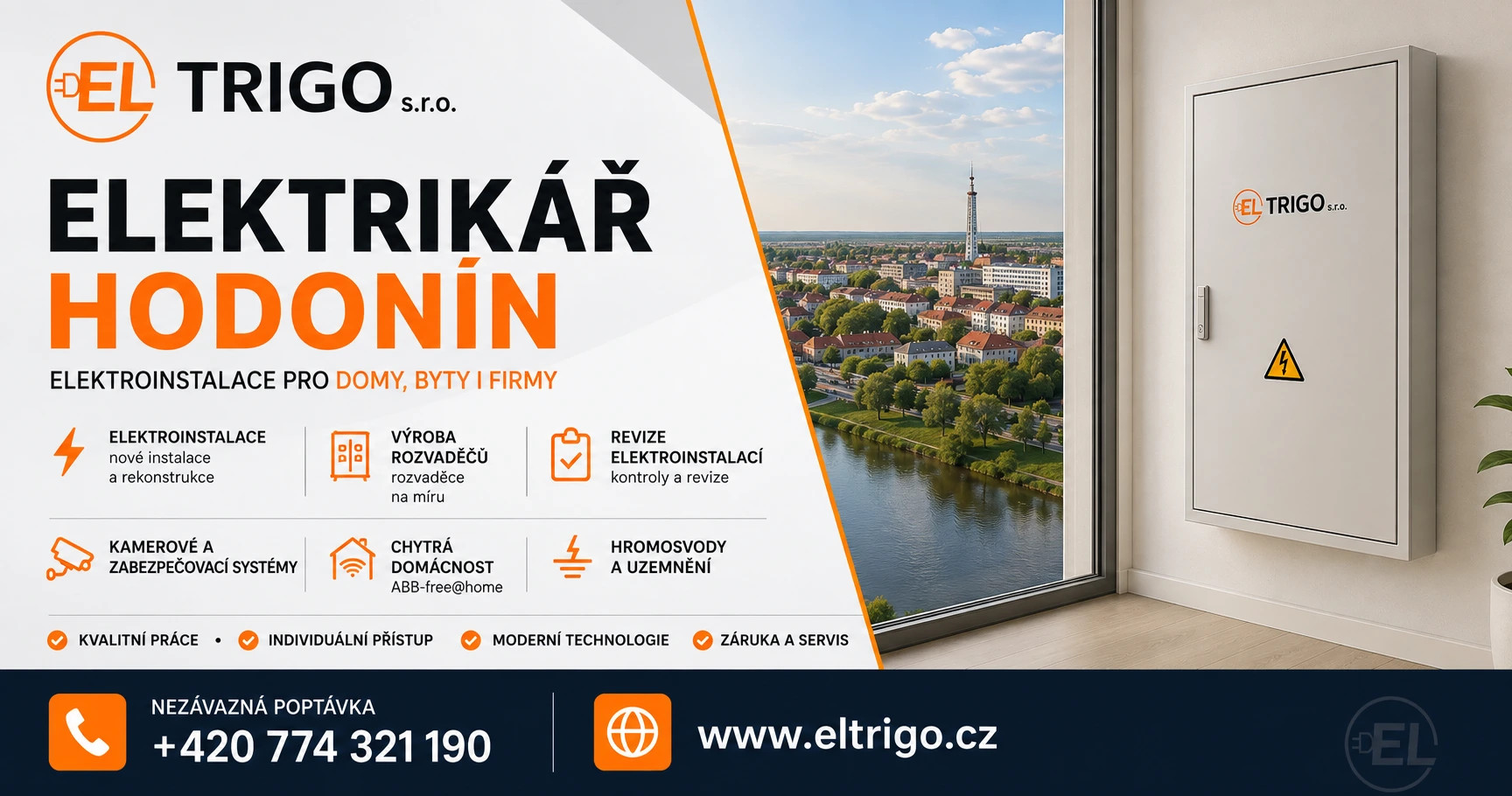 Reklamní banner elektroinstalací s dveřní rozvodnicí, městem u řeky a kontakty ELTRIGO.