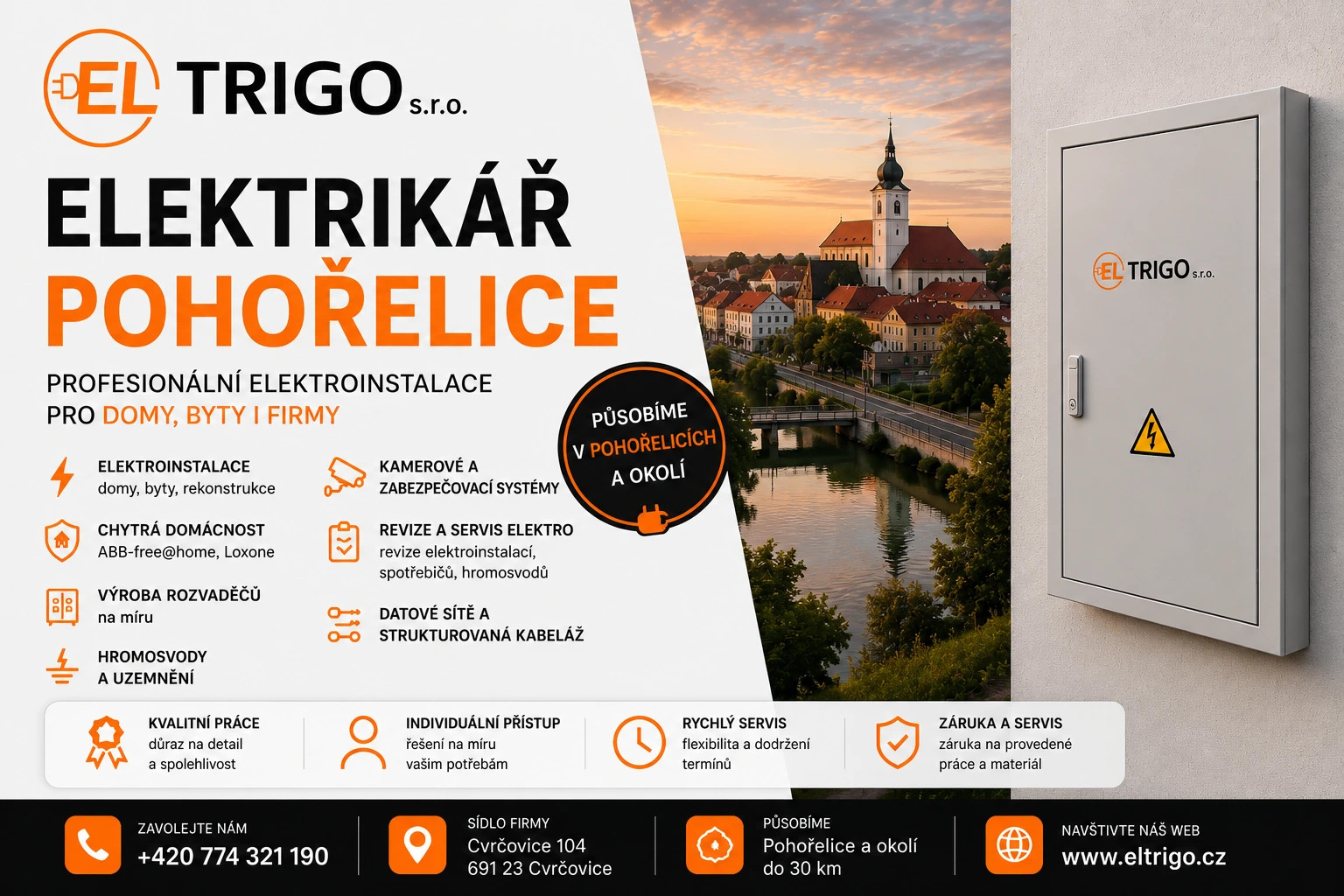 Reklamní leták ELTRIGO s textem o elektroinstalaci, vedle rozvaděče a kostela při západu slunce.