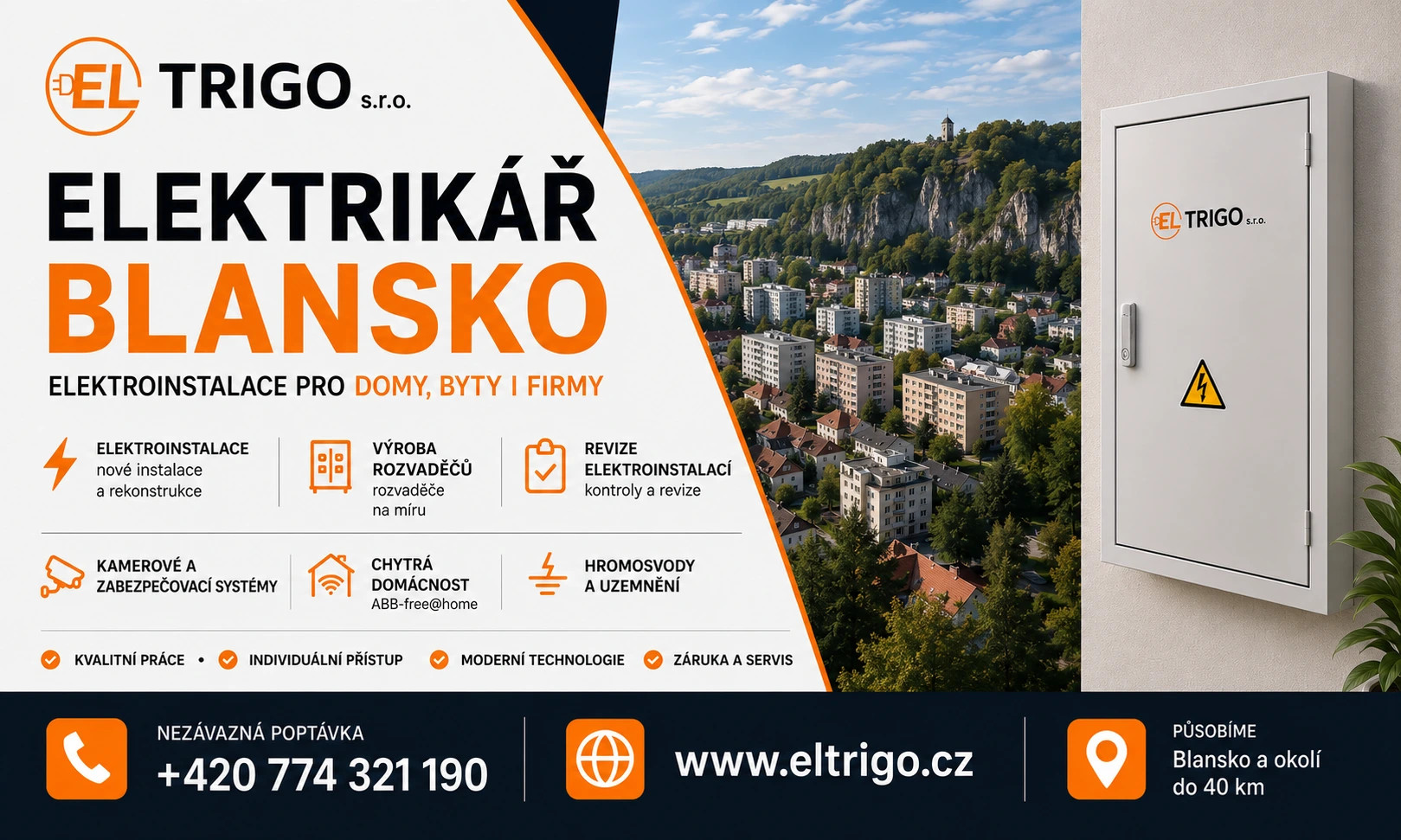 Reklamní banner firmy ELTRIGO s městem v údolí, elektrickým rozvaděčem a kontaktními údaji.