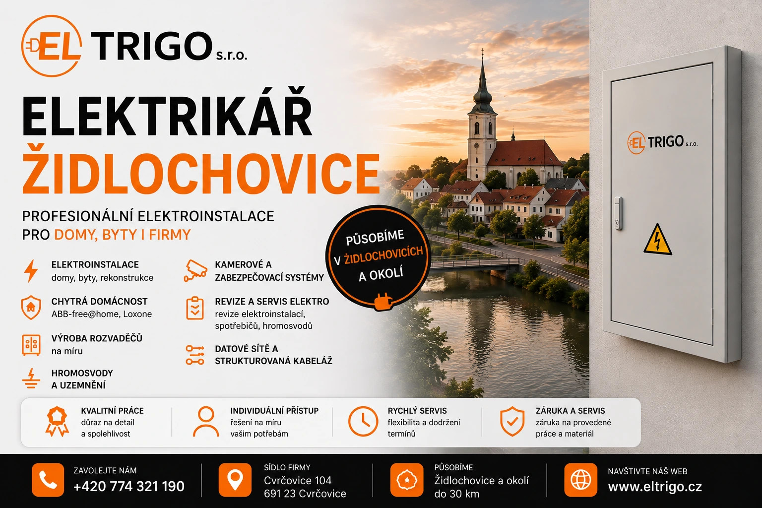 Reklamní banner firmy ELTRIGO s rozvaděčem, kostelem a textem o elektroinstalacích v Židlochovicích.