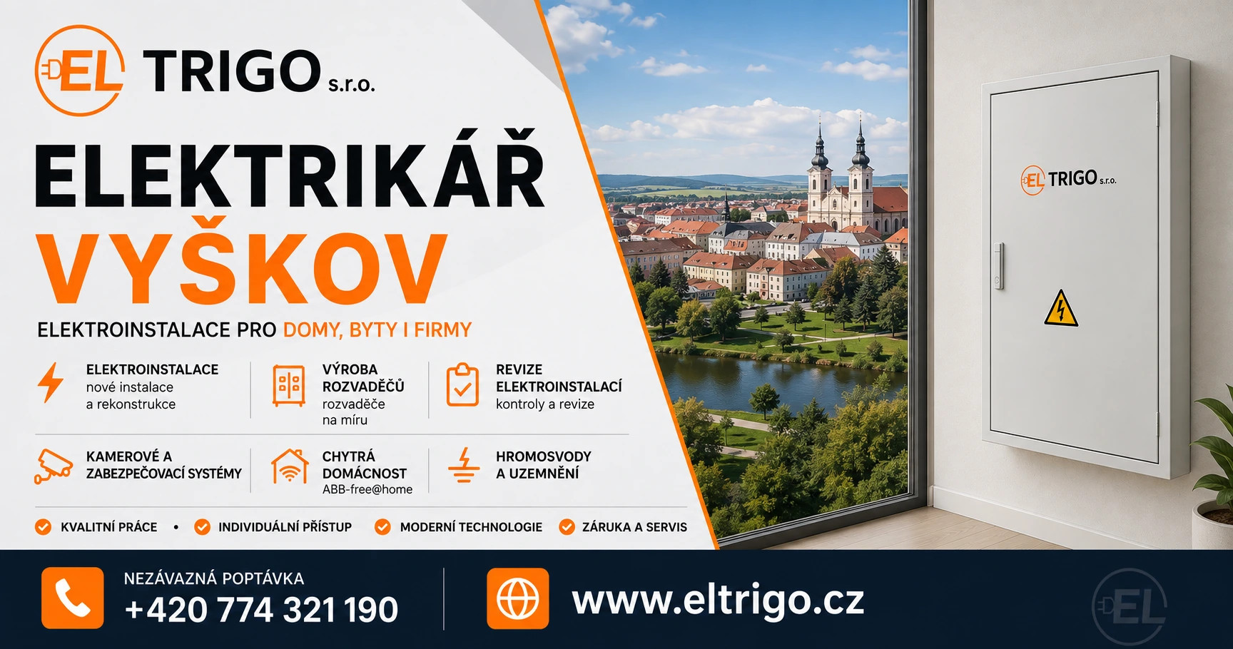 Reklamní banner ELTRIGO s textem Elektroinstalace Vyškov, okno s městem a rozvaděčem.