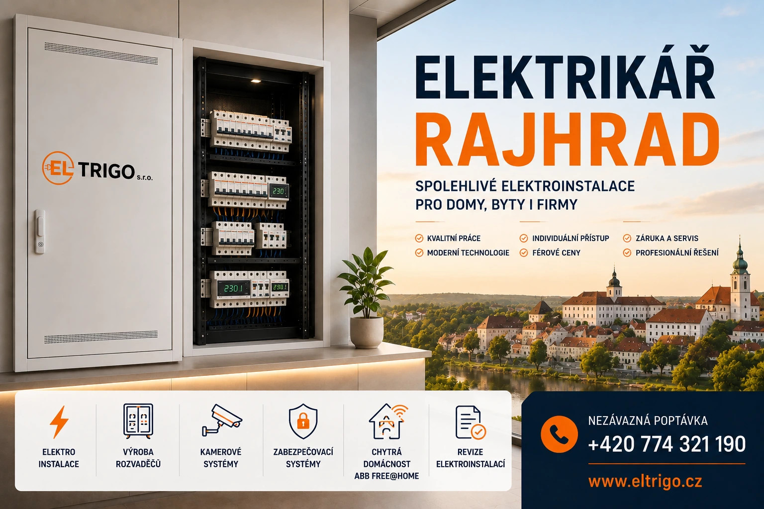 Otevřený elektrický rozvaděč v interiéru, vedle reklamní text „Elektikář Rajhrad“ a kontaktní prvky.
