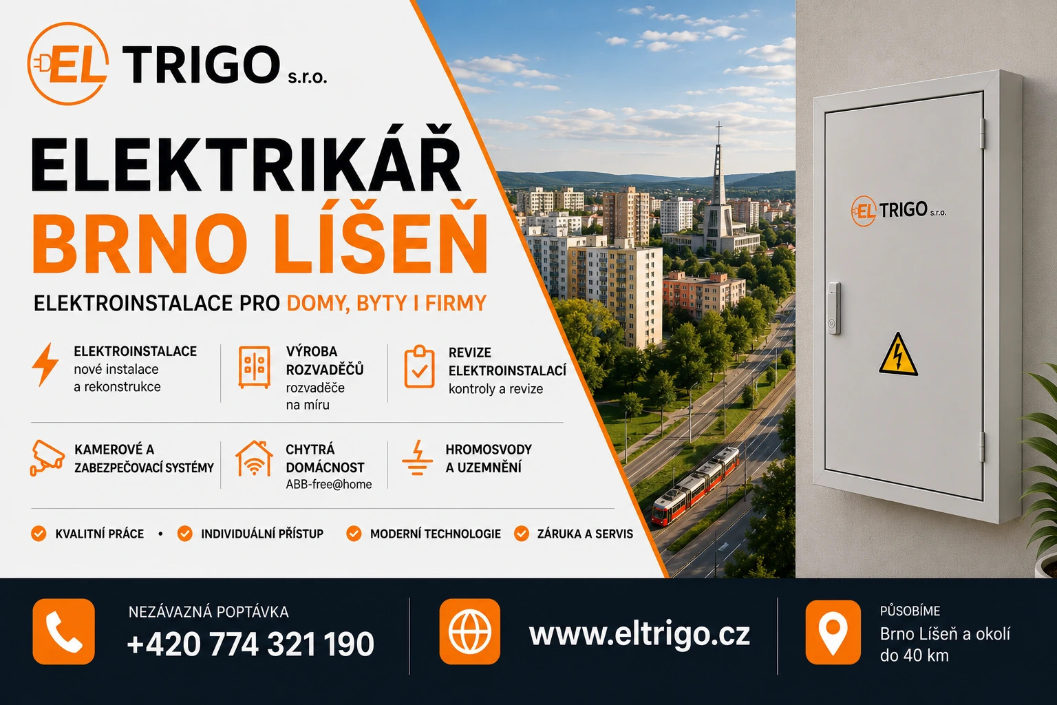 Reklamní banner firmy TRIGO s městskou krajinou, rozvaděčem a kontaktními údaji na webu.