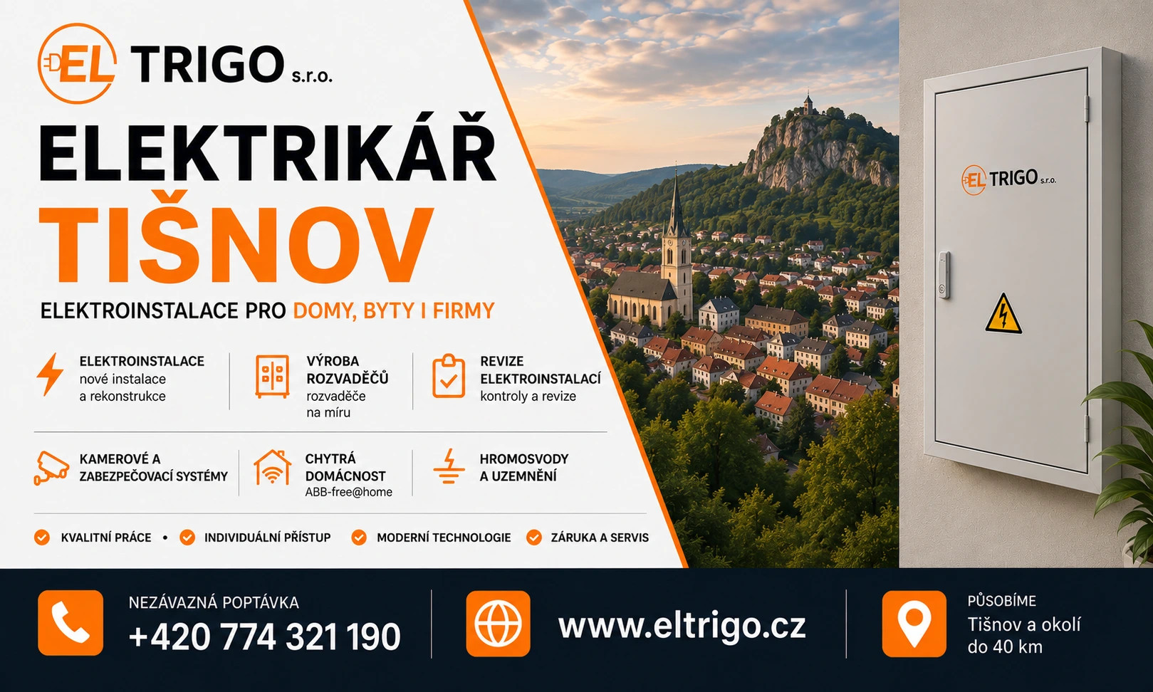 Reklamní banner ELTRIGO s textem Elektřikář Tišnov, město v pozadí a rozvaděč s výstrahou.