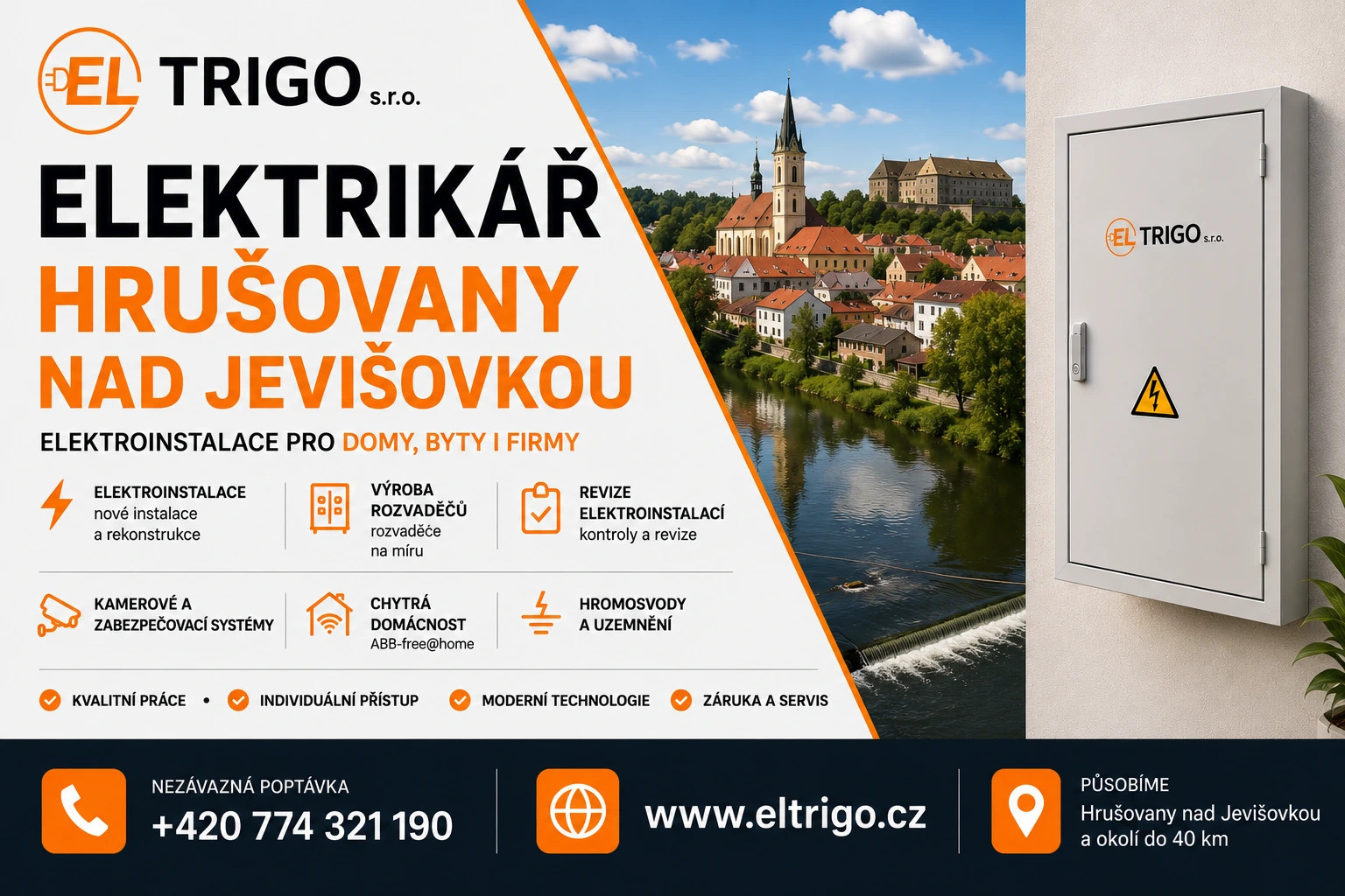 Reklamní banner elektroinstalací s rozvaděčem, řekou a městem Hrušovany nad Jevišovkou, oranžovo-černým textem.