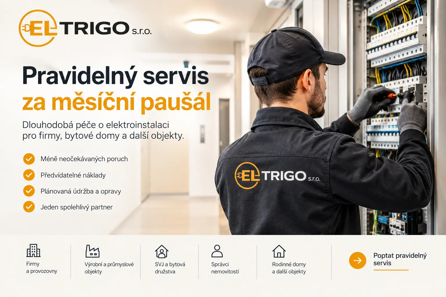 Technik v montérkách opravuje rozvaděč s kabely v rozvodně, reklamní banner firmy DEL TRIGO.